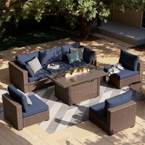 Vista 9 de Juego de muebles de patio al aire libre, 7 piezas, sofá seccional de mimbre con cojines y mesa de té, sofá de conversación de ratán para patio Beige