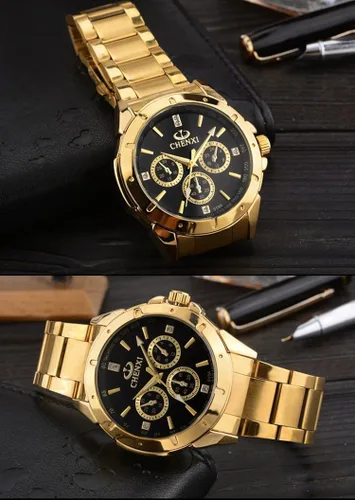 Vista 4 de Reloj de acero inóxidable dorado con cristales estilo clásico para hombre Fq-005