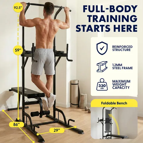 Vista 2 de SQUATZ Estación de entrenamiento con banco – Equipo de gimnasio multifuncional con barra de tracción, tabla de sentarse, respaldo, codera, y marco
