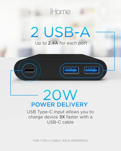Vista 6 de iHome Bloque de cargador de pared multipuerto de 32 W, 3 puertos, 1 USB-C, 2 USB-A Fast Charging, Power Delivery, Foldable Prongs, Slim Flat