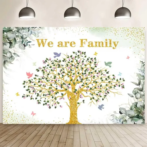Vista 6 de MEHOFOND Fondo personalizado de reunión familiar de 7 x 5 pies, árbol genealógico We are Family Photography Background Hojas de eucalipto, reunión