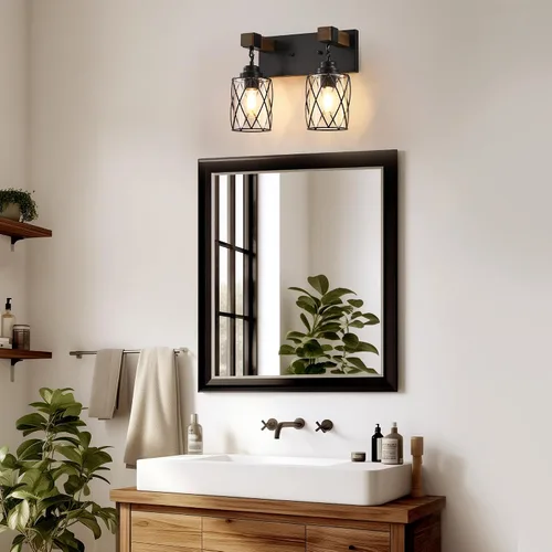 Vista 2 de Accesorios de iluminación de baño estilo granja, lámpara de tocador de 2 luces con pantalla de metal y vidrio, accesorios de iluminación rústicos
