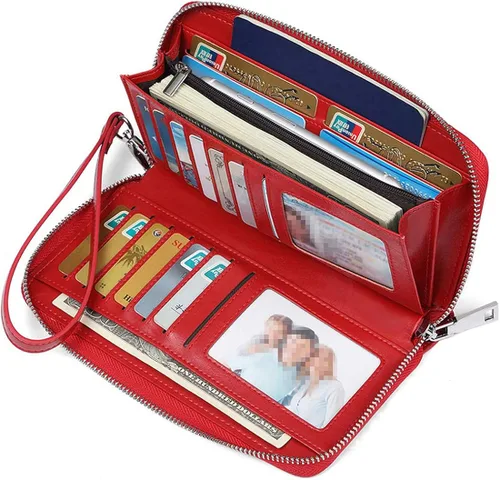 Vista 2 de JEEBURYEE Carteras para mujer RFID bloqueo de cuero cremallera alrededor de la muñeca embrague bolsa de viaje