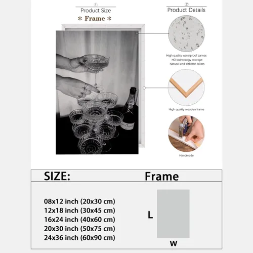 Vista 2 de Lienzo de pared en blanco y negro, cuadros modernos con copas de champán, decoración de habitación femenina, retro, vino y alcohol, imágenes