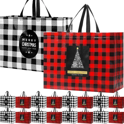 Vista 9 de Colarr 12 piezas bolsas de mano de Pascua extra grandes con asa, bolsa de regalo de primavera, no tejida, a cuadros búfalo, impermeable
