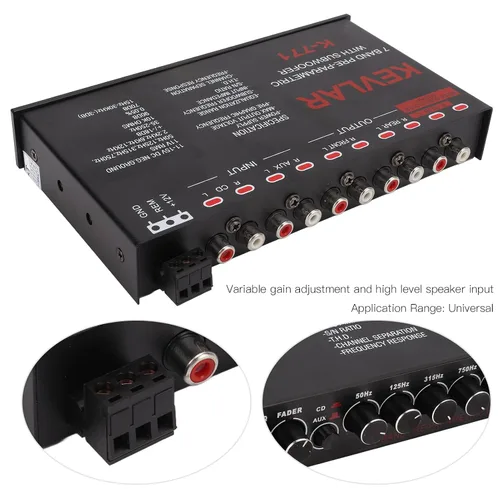 Vista 3 de Ecualizador gráfico de audio para automóvil de 7 bandas con filtro de paso bajo, entradas de alto nivel, salidas sub delanteras y traseras