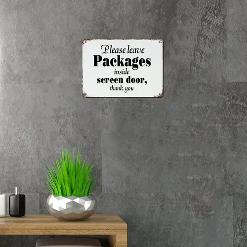 Vista 5 de Letrero de metal rústico con cita familiar, decoración artística de pared con texto en inglés «Please Leave Package»