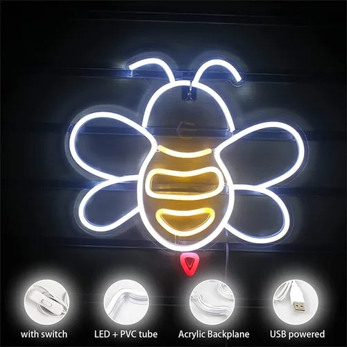 Vista 6 de Letreros de luz de neón LED Abeja, elefante, tortuga marina, dinosaurio, animal, lámparas de neón, luz de arte para colgar en la pared, habitación