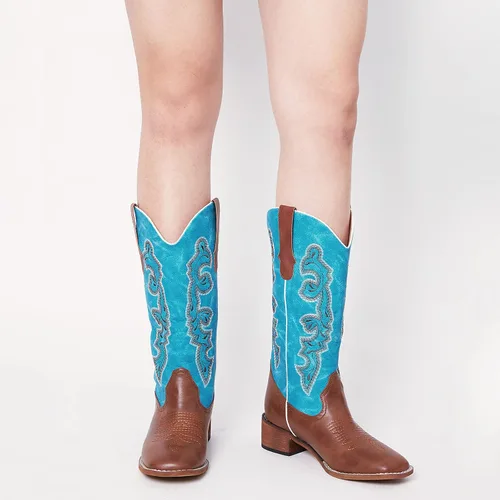 Vista 6 de mikarka Square Toe Cowboy Boots for Women Embroidery Mid Chunky Heel Mid-Calf Western Cowgirl Boot wPull On Taps