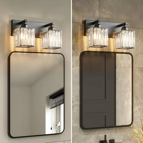 Vista 5 de Moderna lámpara de pared de tocador de baño de cristal negro de 2 luces Negro recto.