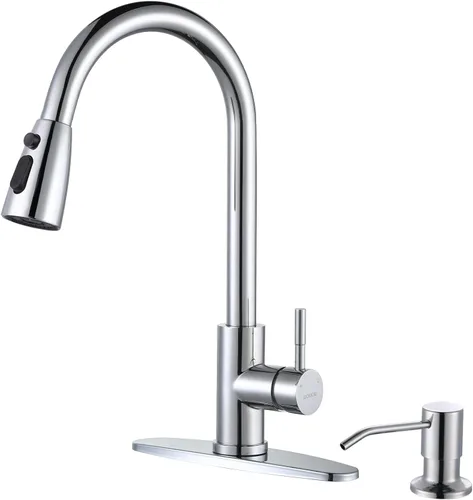 Vista 33 de WOWOW Grifo de cocina con rociador, grifo de fregadero de cocina, acero inoxidable SUS 304, grifo de cocina de níquel cepillado de arco alto
