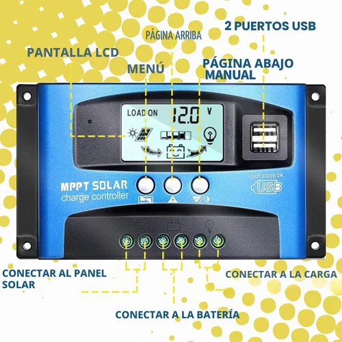 Vista 2 de EpRec MPPT 100A 12V/24V Controlador Regulador de Carga de Panel Solar con Seguimiento Automático de Enfoque, Puerto USB Dual, Pantalla LCD, Nueva
