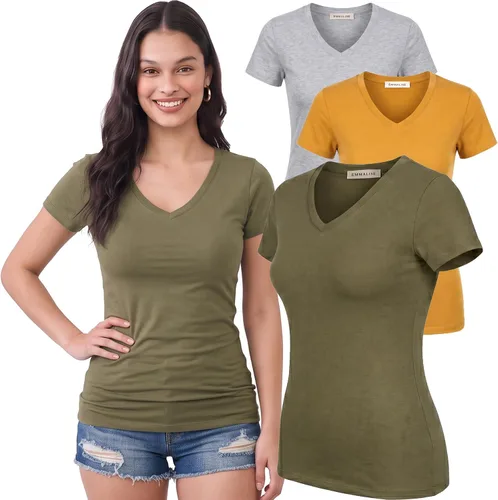 Vista 217 de Emmalise Camiseta de manga corta para mujer, cuello en V, tallas junior y plus