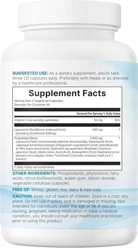 Vista 5 de Micro Ingredients Complejo de glutatión reducido liposomal 3,000 mg - Suplemento avanzado de glutatión 8 en 1 con NAD, resveratrol, quercetina