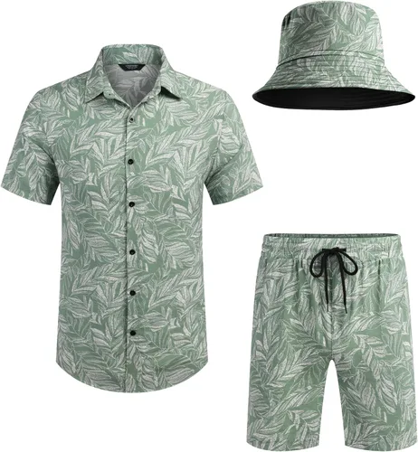 Vista 4 de COOFANDY Conjunto de camisa hawaiana y pantalón corto para hombre, traje de playa de 2 piezas con sombreros de pescador