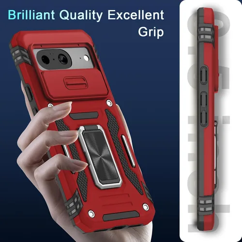 Vista 7 de DEERLAMN Funda para Google Pixel 8 con cubierta deslizante para cámara + protector de pantalla (1 paquete), soporte de anillo giratorio grado
