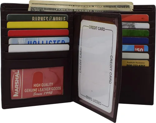 Vista 2 de Marshal Billetera de piel auténtica con bloqueo RFID para hombres ranuras para tarjetas, 2 compartimentos para billetes, ventanas de identificación
