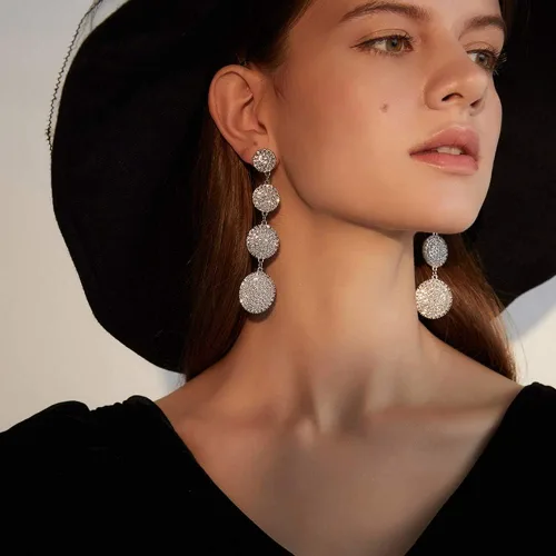 Vista 2 de Pendientes circulares de diamantes de imitación de plata para mujer, aretes colgantes de cadena larga