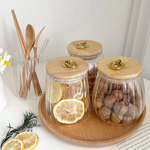 Vista 5 de Frascos de vidrio con tapas de bambú, contenedores de vidrio de 23 FL OZ con tapas herméticas para almacenamiento, tarros grandes de caramelo
