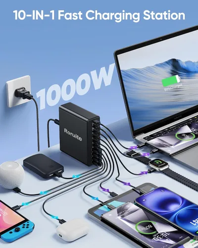 Vista 2 de Estación de carga USB C de 1000W, bloque de cargador USB C súper rápido de 120W PD GaN5 Type C for PC Laptop MacBook Pro/Air 10 Port Charger