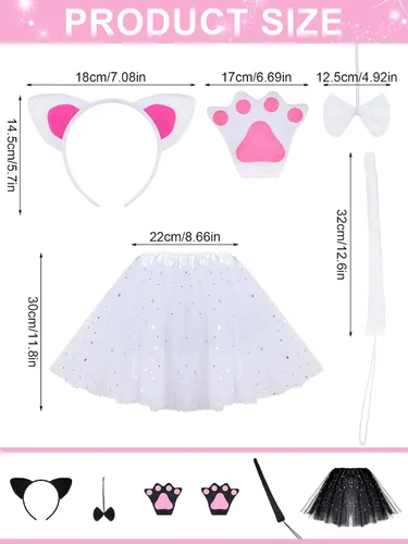 Vista 7 de Eurzom Juego de 2 disfraces de gato para niños, incluye diadema de orejas de gato, falda tutú, corbatín, guantes, cola de niña, cosplay
