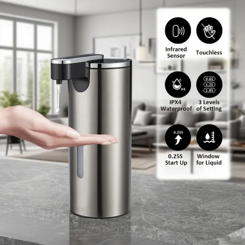 Vista 2 de Dispensador automático de jabón sin contacto, volumen ajustable mejorado para líquidos gruesos y delgados, dispensador automático de platos y jabón