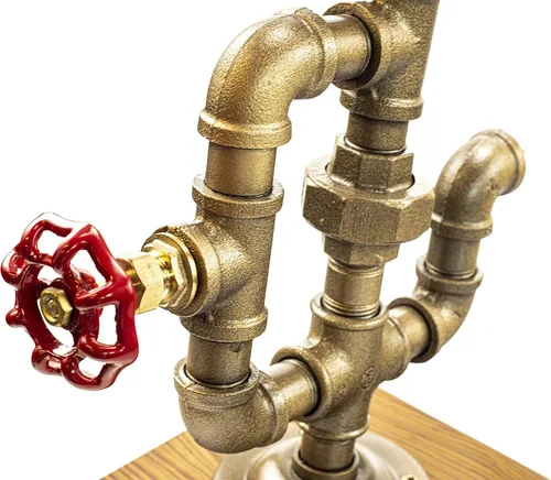 Vista 3 de Lámpara Steampunk con atenuador, regulable estilo loft industrial vintage estilo antiguo luz con bombilla, base de madera con tuberías de hierro