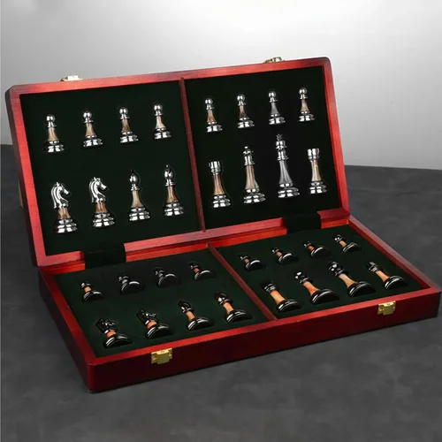 Vista 2 de Metal Chess Set for Adults and Kids – Deluxe Chess Board with Zinc Alloy and Acrylic Chess Pieces – Travel Folding Wooden Chess Board Set with Metal