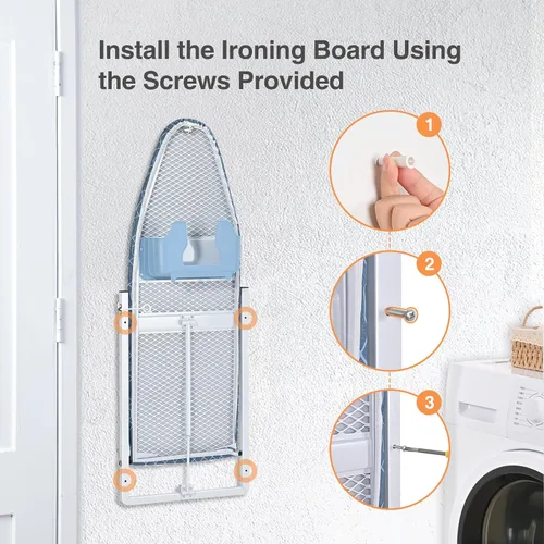 Vista 6 de KINGBOARD Tabla de planchar montada en la pared con soporte para plancha, tabla de planchar compacta para espacios pequeños, soporte de hierro Azul