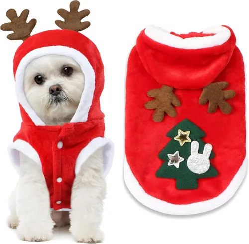 Vista 7 de Disfraz de Navidad para gatos, chaleco con capucha de Navidad para gatos con cuernos de alce, ropa de vacaciones para gatos y mascotas (S)
