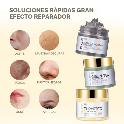 Vista 6 de ANAI RUI Juego de 3 mascarillas faciales – Máscara de arcilla de cúrcuma – Máscara facial de té verde – Máscara de barro del Mar Muerto para piel
