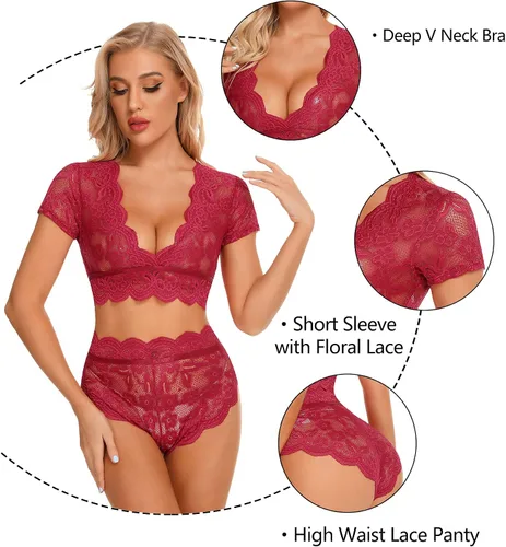 Vista 5 de RSLOVE Conjunto de lencería sexy para mujer brasier y bragas de encaje de dos piezas