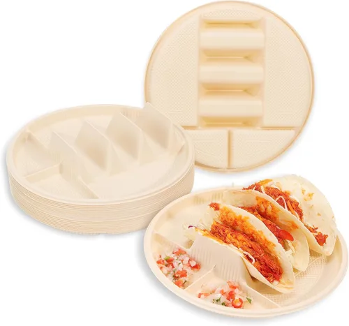 Vista 9 de Platos pequeños desechables para tacos con lados para mojar - Paquete de 100, porta tacos de almidón de maíz biodegradable, tamaño mini