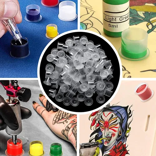 Vista 5 de Yuelong - 1000 tapas de tinta para tatuajes pequeñas, tapas de pigmento de plástico, vasos desechables para tatuajes con tamaños de base de 0.433 in