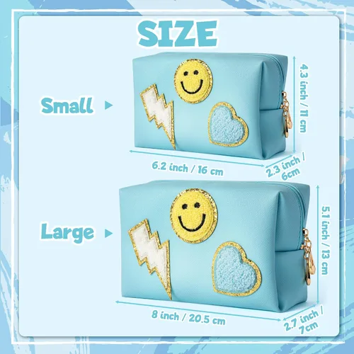 Vista 2 de LieToi - Bolsa de aseo pequeña con parche preparado, sonrisa, relámpago, corazón, arcoíris, de piel sintética, bolsa de maquillaje impermeable Azul