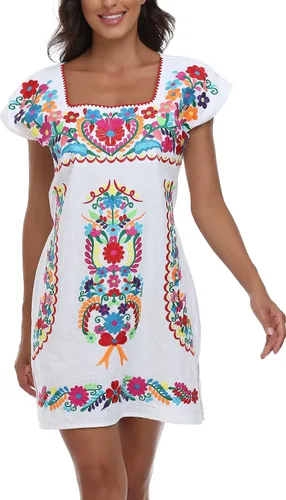 Vista 3 de YZXDORWJ Vestido bordado mexicano sin mangas con cuello de volantes para mujer
