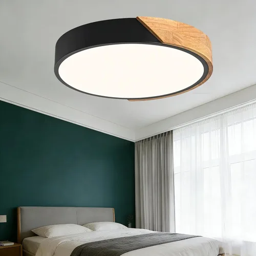 Vista 10 de Lámpara de techo LED de madera de montaje empotrado, 3CCT 3000K-6500K moderna negra cerca de las luminarias del techo, lámpara de techo redonda
