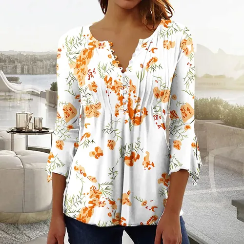 Vista 23 de Ceboyel Blusa tipo túnica con estampado floral para mujer, con botones, estilo Henley, con manga de codo, casual, trajes de moda para mujer
