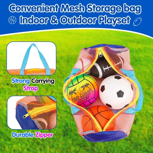 Vista 4 de 5 Pack Set de pelotas deportivas para niños con bolsa, juguetes al aire libre para niños de 1 a 3 años, fútbol, baloncesto, béisbol, voleibol