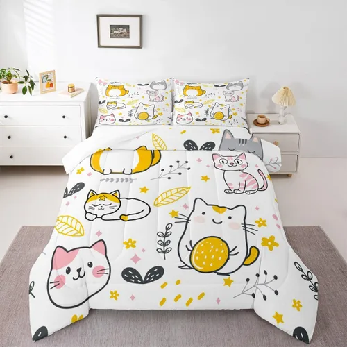 Vista 10 de Feelyou Juego de edredón de dibujos animados de gatos, juego de edredón de gatitos y flores, para niños, niñas, adolescentes, mascotas, gatos, juego