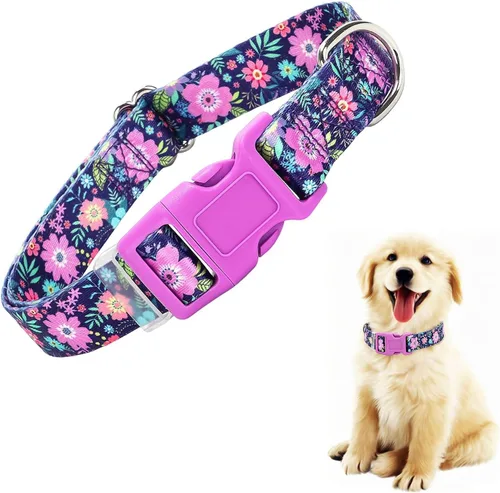 Vista 7 de Lindo collar de perro con patrones de flores verdes para perros machos y hembras, collares ajustables y cómodos para perros XS, pequeños, medianos