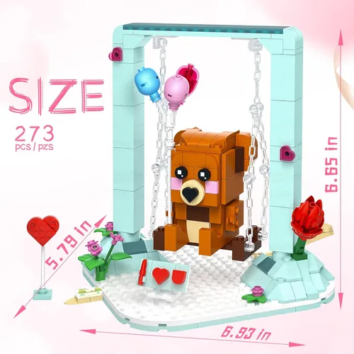 Vista 4 de Nubee Juguetes de construcción de oso marrón de San Valentín compatibles con Lego, lindos juegos de construcción de osos oscilantes con corazón