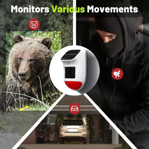 Vista 9 de Alarma Solar con Sensor de Movimiento - Sirena de Seguridad Impermeable IP65 de 120dB con Control Remoto y Luz Estroboscópica, 3 Modos