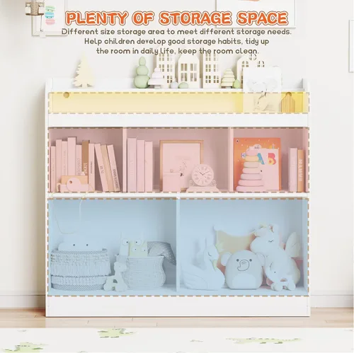 Vista 5 de Lkeiyay Estantería abierta para niños, organizador de juguetes Montessori con luces LED, estantería abierta de madera blanca para niños, dormitorio