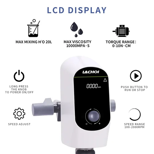 Vista 4 de Mezclador agitador eléctrico de arriba de 100-2000 RPM Max.20L (H₂O) Pantalla LCD Mezclador digital agitador superior 10000mPas Potente mezclador