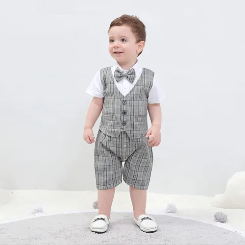 Vista 3 de HOSUKKO - Traje de bebé para caballero, mamelucos + boina + corbatín (0-24 meses)