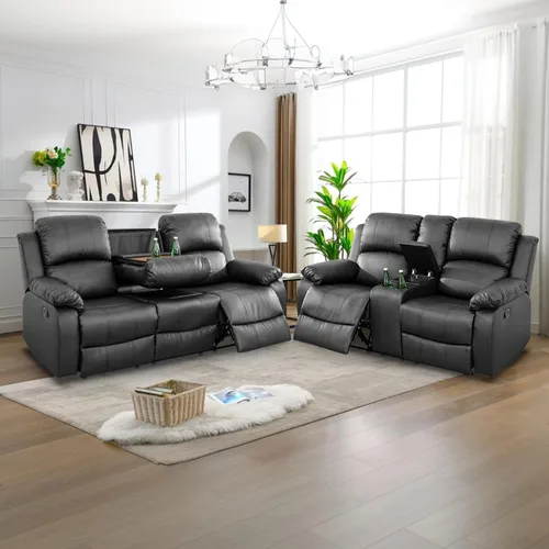 Vista 56 de Juego de Muebles para Sala de Estar, Juego de Sofá Reclinable Manual, Juegos de Sofás Reclinables de Cuero Beige con Mesa Desplegable, Sofá