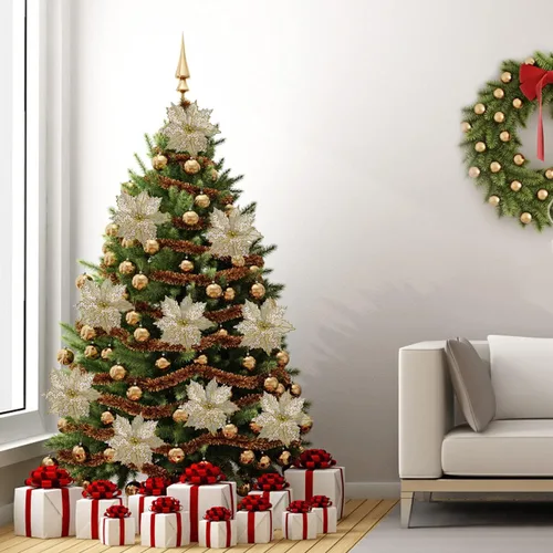 Vista 5 de Flores doradas de Pascua de Navidad, paquete de 6 flores de tela con purpurina de 9 pulgadas, adornos para coronas de Navidad, guirnaldas