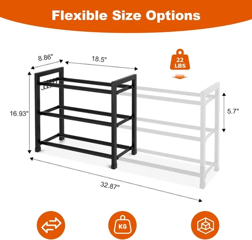 Vista 3 de Zapatero Expandible para Armario Zapatero de Metal Ajustable para Entrada 18.5"-33" Organizador de Zapatos Independiente 12 Pares con Ganchos