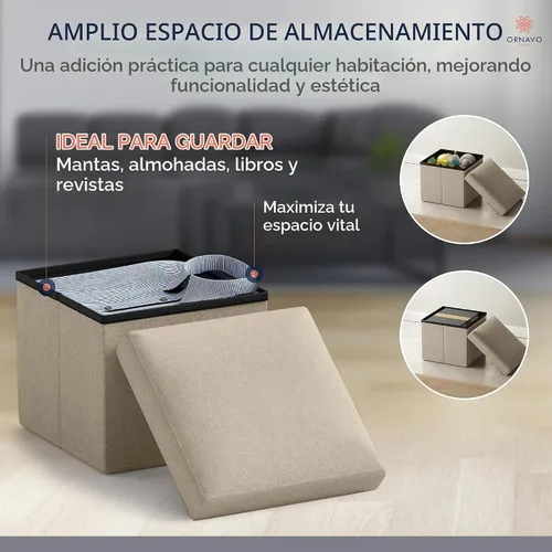 Vista 3 de Ornavo Home Otomana cuadrada pequeña de almacenamiento, lino plegable Topo